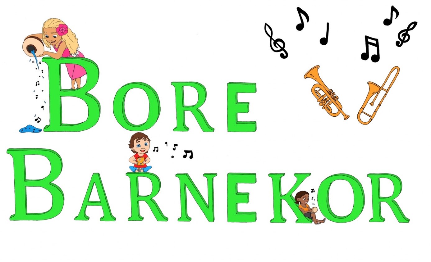 Bokstaver Bore barnekor, noter, instrumenter og barn.